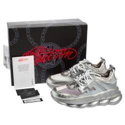 Pre Owned حذاء رياضي فيرساتشي تشين رأكشن جلد وجلد لامع وشبكة رصاصي ميتاليك مقاس 41