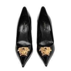 Pre Owned Versace Black Patent Leather Medusa Decollete Pointed Toe Pumps Size 37.5