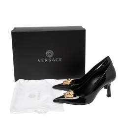 Pre Owned Versace Black Patent Leather Medusa Decollete Pointed Toe Pumps Size 37.5