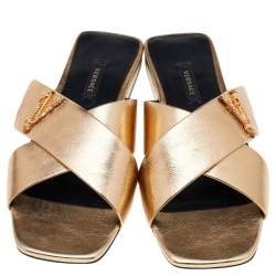 مملوكة مسبقًا Versace Gold Leather Crisscross Slide Sandals size 38