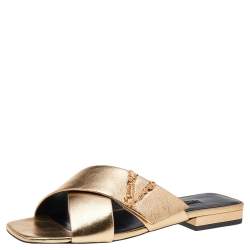 Pre Owned Versace Gold Leather Crisscross Slide Sandals size 38