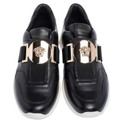 Pre Owned Versace Black Leather Medusa Strap Sneakers Size 39