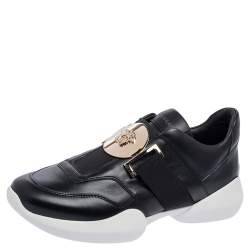 Pre Owned Versace Black Leather Medusa Strap Sneakers Size 39