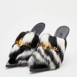 Versace Black/White Faux Fur Medusa Chain Slide Sandals Size 39.5