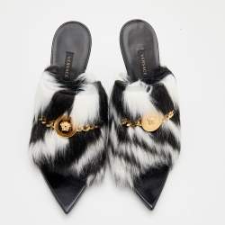 Versace Black/White Faux Fur Medusa Chain Slide Sandals Size 39.5