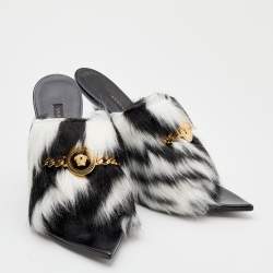 Versace Black/White Faux Fur Medusa Chain Slide Sandals Size 39.5