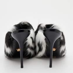 Versace Black/White Faux Fur Medusa Chain Slide Sandals Size 39.5