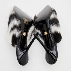 Versace Black/White Faux Fur Medusa Chain Slide Sandals Size 39.5