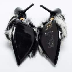 Pre Owned Versace Black/White Fur Medusa Chain Slide Sandals Size 38