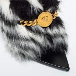 Pre Owned Versace Black/White Fur Medusa Chain Slide Sandals Size 38