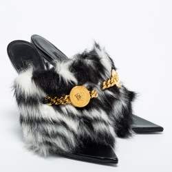 Pre Owned Versace Black/White Fur Medusa Chain Slide Sandals Size 38