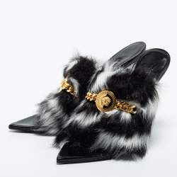 Pre Owned Versace Black/White Fur Medusa Chain Slide Sandals Size 38