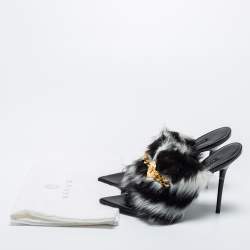 Pre Owned Versace Black/White Fur Medusa Chain Slide Sandals Size 38