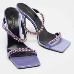 Versace Purple Satin Crystal Embellished Square Toe Slide Sandals Size 40