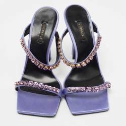 Versace Purple Satin Crystal Embellished Square Toe Slide Sandals Size 40