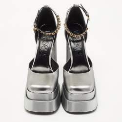 Versace Silver Leather Medusa Aevitas Double Platform Pumps Size 39
