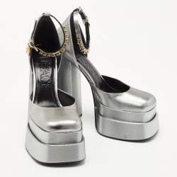 Versace Silver Leather Medusa Aevitas Double Platform Pumps Size 39