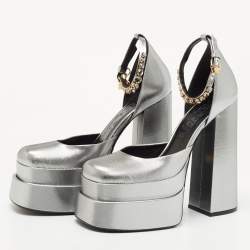 Versace Silver Leather Medusa Aevitas Double Platform Pumps Size 39
