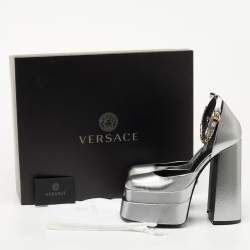 Versace Silver Leather Medusa Aevitas Double Platform Pumps Size 39