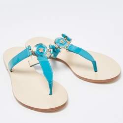 Pre Owned Versace Blue Patent Leather Medusa Thong Flats Sandals Size 38