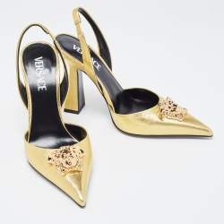 Pre Owned Versace Gold Foil Leather Medusa Pointed Toe Slingback Pumps Size 38