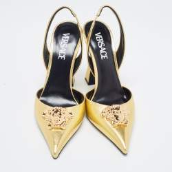 Pre Owned Versace Gold Foil Leather Medusa Pointed Toe Slingback Pumps Size 38