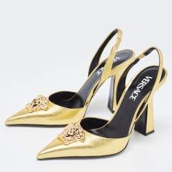 Pre Owned Versace Gold Foil Leather Medusa Pointed Toe Slingback Pumps Size 38