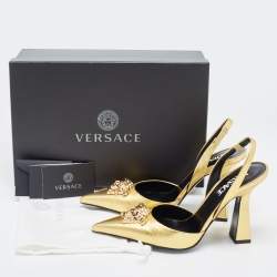 Pre Owned Versace Gold Foil Leather Medusa Pointed Toe Slingback Pumps Size 38
