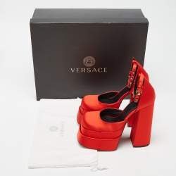 Versace Red Satin Crystal Embellished Platform Block Heel Ankle Strap Pumps Size 37