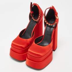 Versace Red Satin Crystal Embellished Platform Block Heel Ankle Strap Pumps Size 37