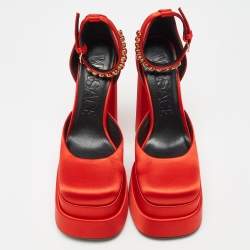 Versace Red Satin Crystal Embellished Platform Block Heel Ankle Strap Pumps Size 37