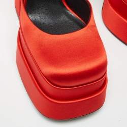 Versace Red Satin Crystal Embellished Platform Block Heel Ankle Strap Pumps Size 37