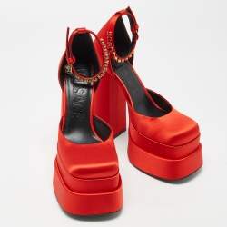 Versace Red Satin Crystal Embellished Platform Block Heel Ankle Strap Pumps Size 37