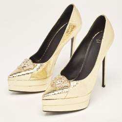Versace Gold Embossed Python Medusa Double Platform Pumps Size 39.5