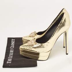 Versace Gold Embossed Python Medusa Double Platform Pumps Size 39.5