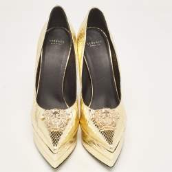 Versace Gold Embossed Python Medusa Double Platform Pumps Size 39.5