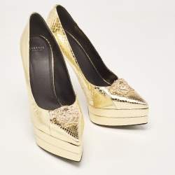 Versace Gold Embossed Python Medusa Double Platform Pumps Size 39.5