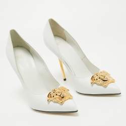 Versace White Leather Medusa Pointed Toe Pumps Size 40.5