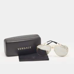 Pre Owned Versace Gold Tone/Grey Mirrored MOD. 2255 Palazzo Aviator Sunglasses
