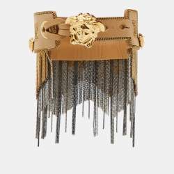 Pre Owned Versace Medusa Leather Two Tone Metal Fringe Bracelet