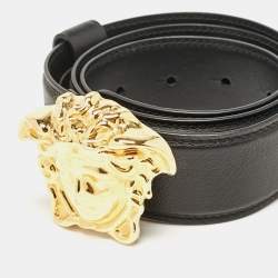 Pre Owned Versace Black Leather Medusa Head Buckle Belt 75 CM