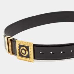 مملوكة مسبقًا Versace Black Patent Leather Medusa Square Buckle Belt 85 CM