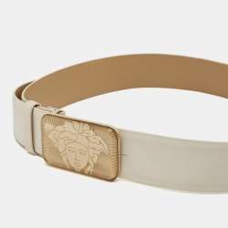 Pre Owned Versace White Leather Medusa Rectangle Buckle Belt 85 CM