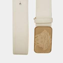 Pre Owned Versace White Leather Medusa Rectangle Buckle Belt 85 CM