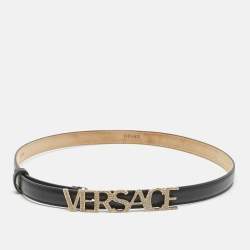 Pre Owned Versace Black Leather Logo Crystals Waist Belt 85CM