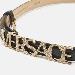 Pre Owned Versace Black Leather Logo Crystals Waist Belt 85CM
