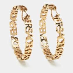 Pre Owned Versace Logo Gold Tone Hoop Earrings