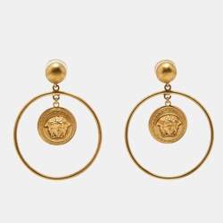 Pre Owned Versace Medusa Head Gold Tone Large Hoop Earrings