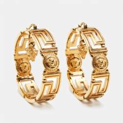 Pre Owned Versace Medusa Greca Gold Tone Hoop Earrings