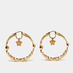 Pre Owned Versace Medusa Greca Gold Tone Hoop Earrings